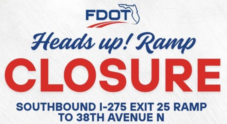 Southbound I-275 Exit Ramp to 38th Ave N to Close Monday